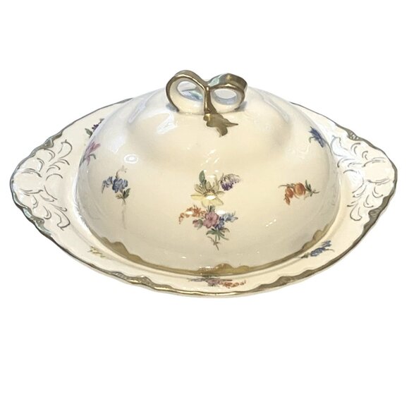 Vintage Dresden By Warwick Round Porcelain Floral Butter Dish With Lid & Gold Ha - Picture 10 of 12